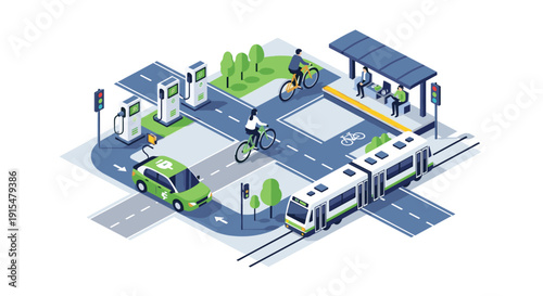 An isometric illustration of a green city intersection promoting sustainable transportation with electric cars, trams, and bike lanes.
