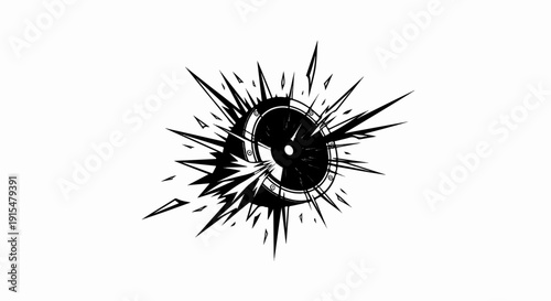 Abstract circular explosion with sharp, jagged radiating lines and inner circular detail