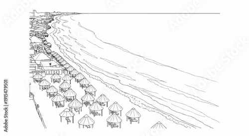 Aerial view sketch of a beach resort with many thatched umbrellas