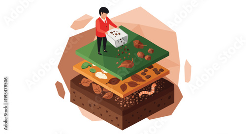 An isometric illustration showing the layers of a compost pile with a person adding organic waste for recycling and fertilization.