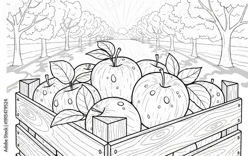 A wooden crate overflowing with fresh apples, lined by a tree-filled road at sunset