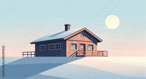 A wooden cabin sits on a snow-covered hill under a full moon