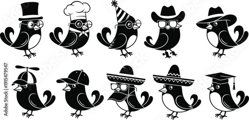 Cute cartoon bird characters wearing different hats and accessories, black and white vector illustration isolated on white background