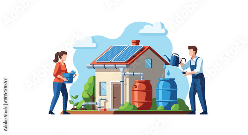 An illustration of a couple practicing sustainable living at their eco-friendly home with solar panels and rainwater harvesting.