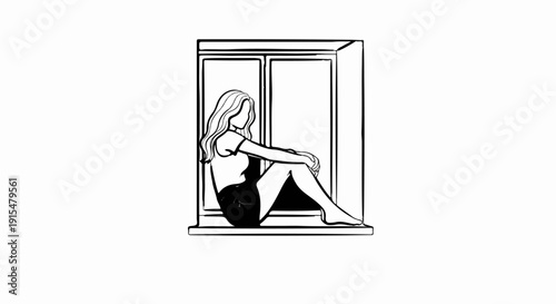 A woman with flowing hair sits with her knees drawn up in a window frame