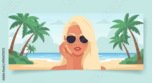 A woman with blonde hair and sunglasses poses on a tropical beach