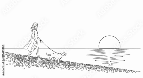 A woman walks her dog on a pebble beach by the sea at sunset