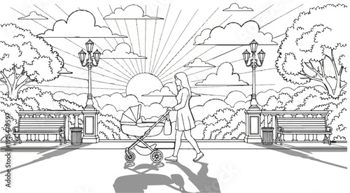 A woman pushing a baby stroller in a park at sunrise