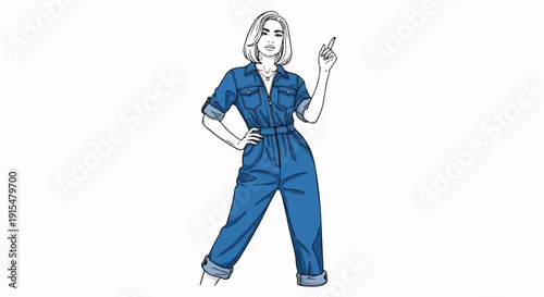 A woman in a blue denim jumpsuit points up with her index finger