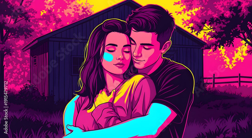 Vaporwave illustration of young couple embracing in neon nature