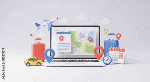 A travel planner displays a map with pins, plane, luggage, car, compass, and calendar