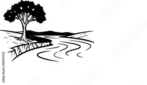 A tree with visible roots stands on a cliff overlooking a winding river