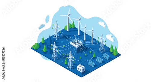 An isometric illustration of a renewable energy grid, connecting wind turbines and solar panels to a power station and distribution lines.