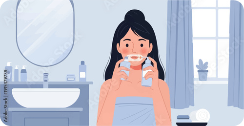 A woman brushes her teeth with two bottles in a bathroom with a sink and mirror