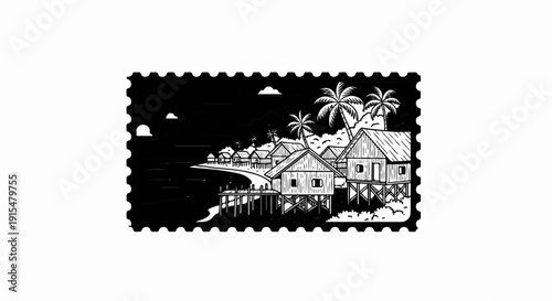 A tropical village with stilt houses and palm trees on a coastline, rendered in a sketchy style