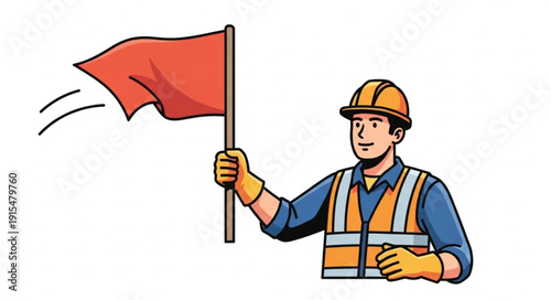Construction Worker Holding Red Flag.