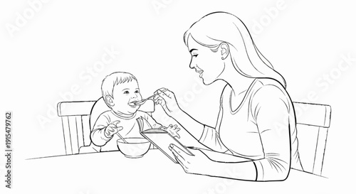 A woman feeds a baby at a table while reading a book
