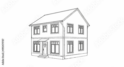 A two-story house with a pitched roof and multiple windows