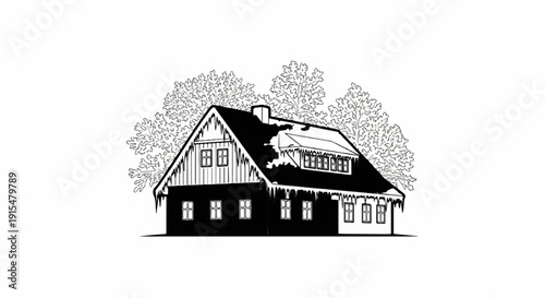 A winter scene depicts a charming snow-covered house with icicles