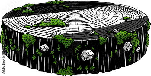 A stylized, moss-covered tree stump with angular, crystalline growths