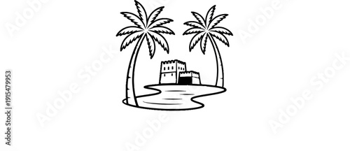 A stylized drawing of a castle on an island with two palm trees