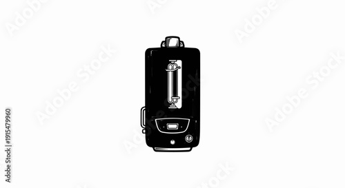 A stylized drawing of a black water heater with white accents