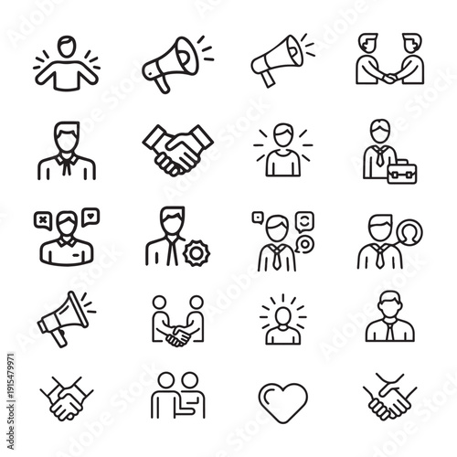 Brand ambassador line icons. Influence people  Megaphone and Representative. Handshake  influencer marketing person  ambassador person icons. Linear set. Vector