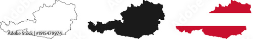 Austria map icon set. Austria map signs - outline, solid and Austrian national flag. Vector.