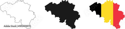 Belgium map icon set. Belgium map signs - outline, solid and Belgian national flag. Vector.