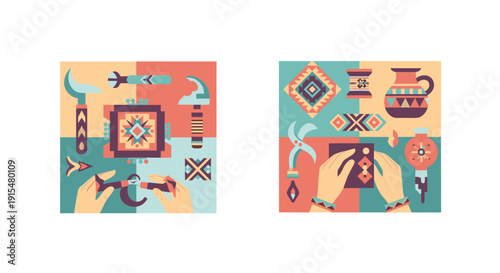 Two flat design illustrations celebrating traditional craftsmanship, showing hands creating ethnic patterns with various artisan tools.
