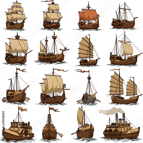 Vintage Sailing Ships and Boats Vector Illustrations