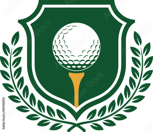 A golf ball and tee logo with a green shield and laurel wreath