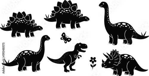 Cute dinosaur silhouettes set including stegosaurus, triceratops and tyrannosaurus, black vector illustration isolated on white background