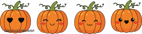 Cute kawaii pumpkin characters set with different facial expressions, autumn harvest vector illustration isolated on white background