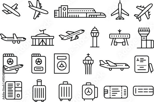 Airport and aviation travel icon set line vector collection featuring airplanes, terminal, luggage, control tower, boarding symbols design