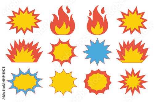 A collection of vibrant cartoon explosion and fire icons