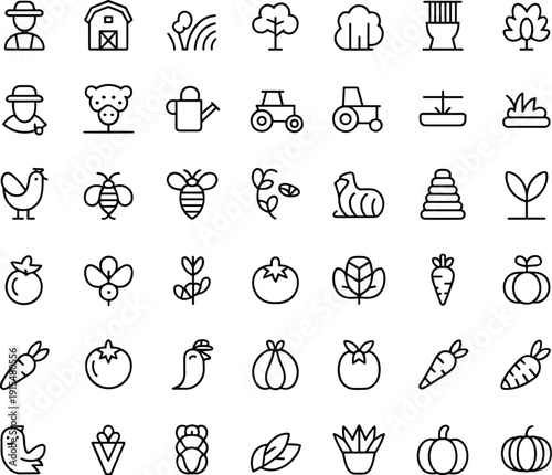 Agriculture farm line icons set, farmer tractor plants vegetables fruits harvest organic gardening rural food nature farming collection pack