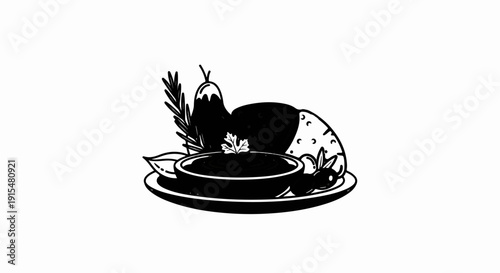 A stylized depiction of a meal with dips, vegetables, and herbs on a plate