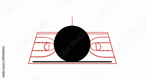 A stylized depiction of a basketball court with a large black ball