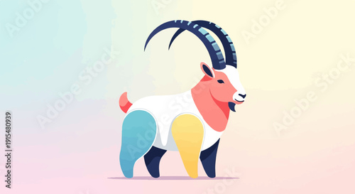 A stylized, colorful goat with large curved horns stands on a soft, gradient background