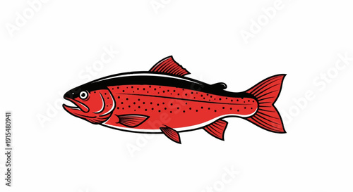 A stylized red fish with black spots and fins swims against a white background