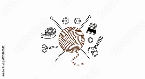 A stylized collection of sewing and knitting supplies arranged around a ball of yarn