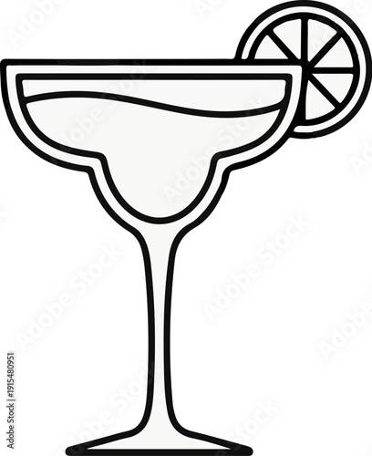 A stylized depiction of a cocktail glass with a slice of citrus fruit