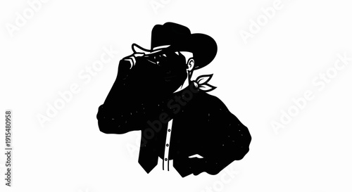 A striking black and white graphic of a cowboy tipping his hat
