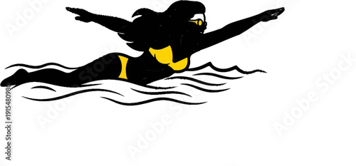 A stylized silhouette of a woman swimming, wearing a yellow bikini, through dark blue water