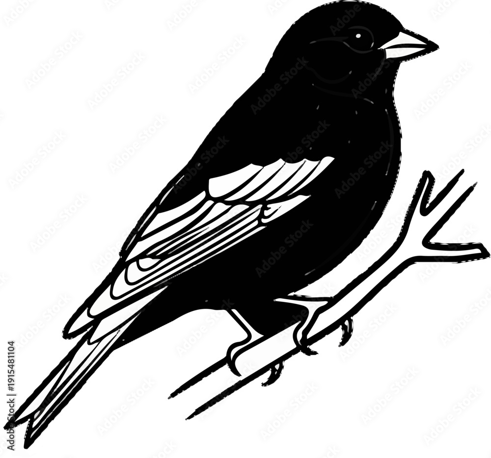 Obraz premium A striking black and white illustration of a small bird perched on a branch