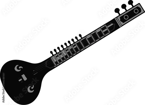 A stylized black stringed instrument, tilted upwards diagonally