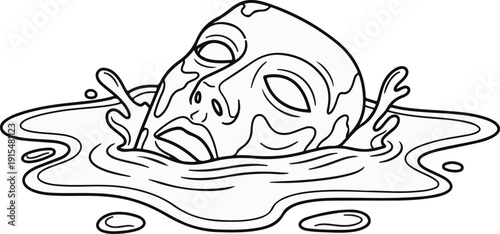 A stylized, expressive face emerges from swirling, splashing liquid