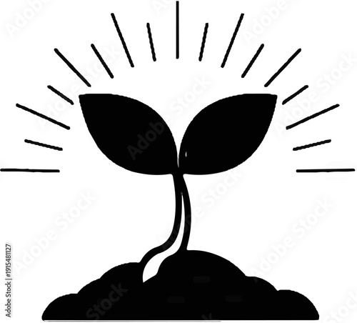 A stylized black silhouette of a seedling sprouting from soil, emitting light
