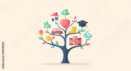A stylized tree displays symbols of life home, car, money, love, graduation